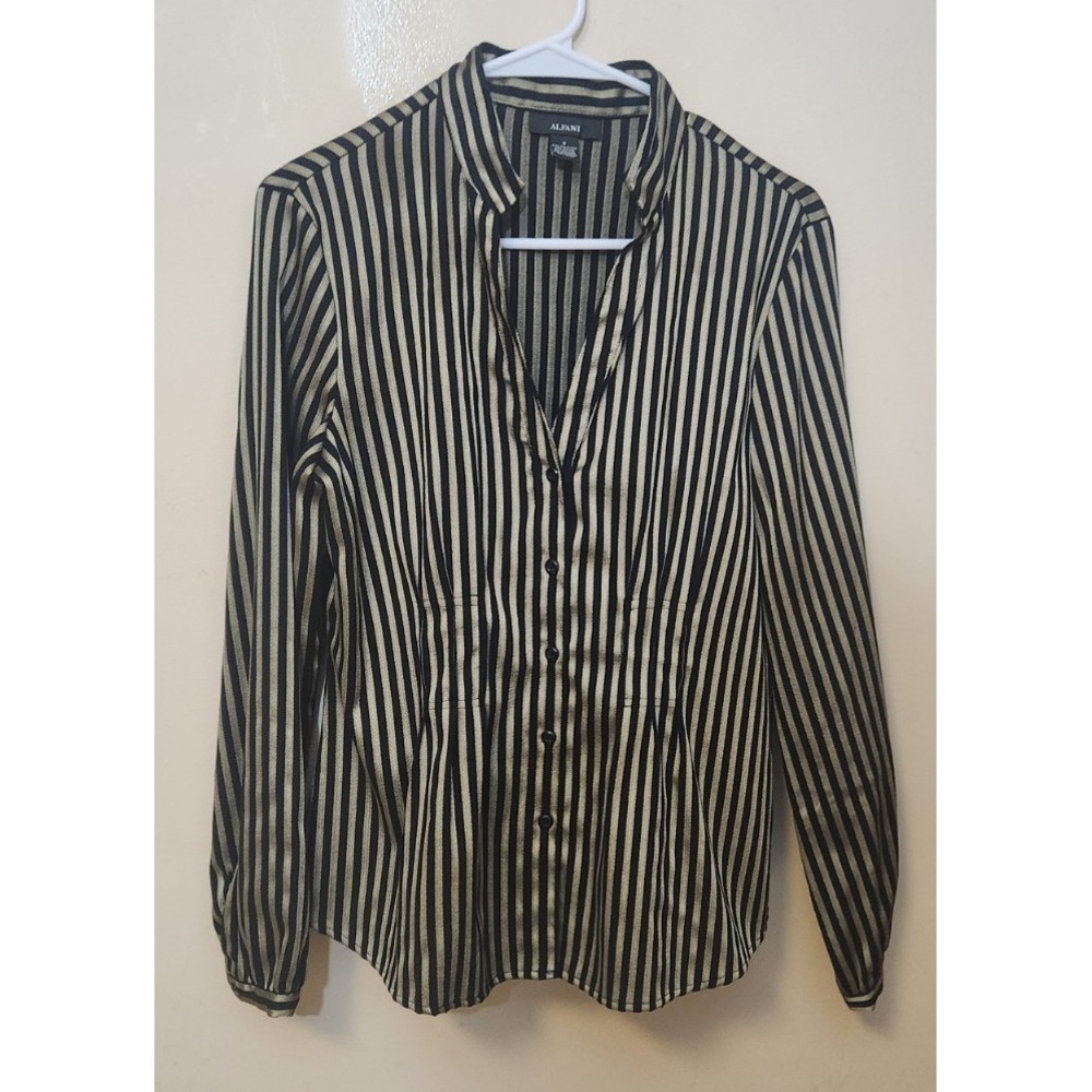 ALFANI Women's Black & Brown Striped Long-sleeve Blouse Top Metallic Sz 8